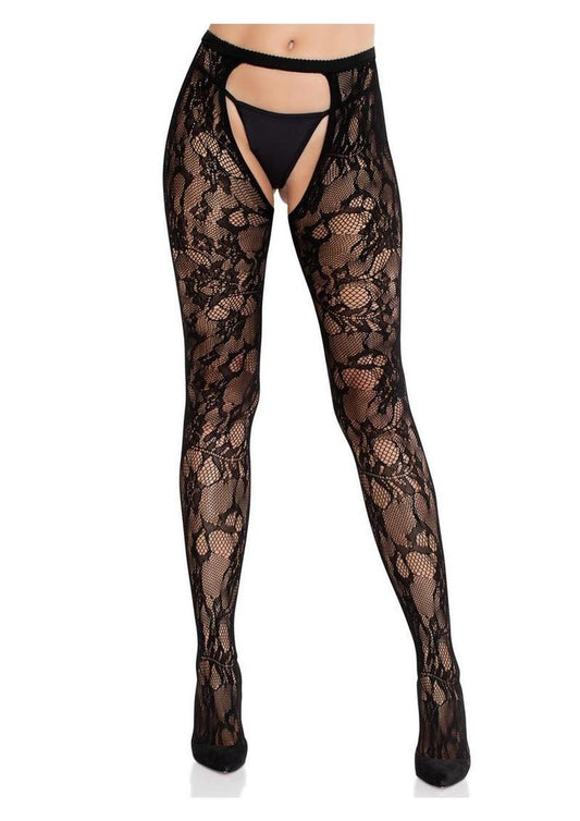 Eyelet Rose Lace Crotchless Tights with Cheeky Open Back