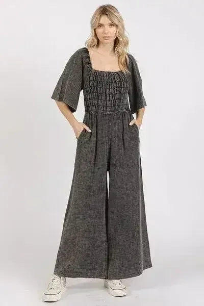 Mineral Wash Gauze Mittoshop Jumpsuit - Ruched Wide Leg Romper | Femstylo