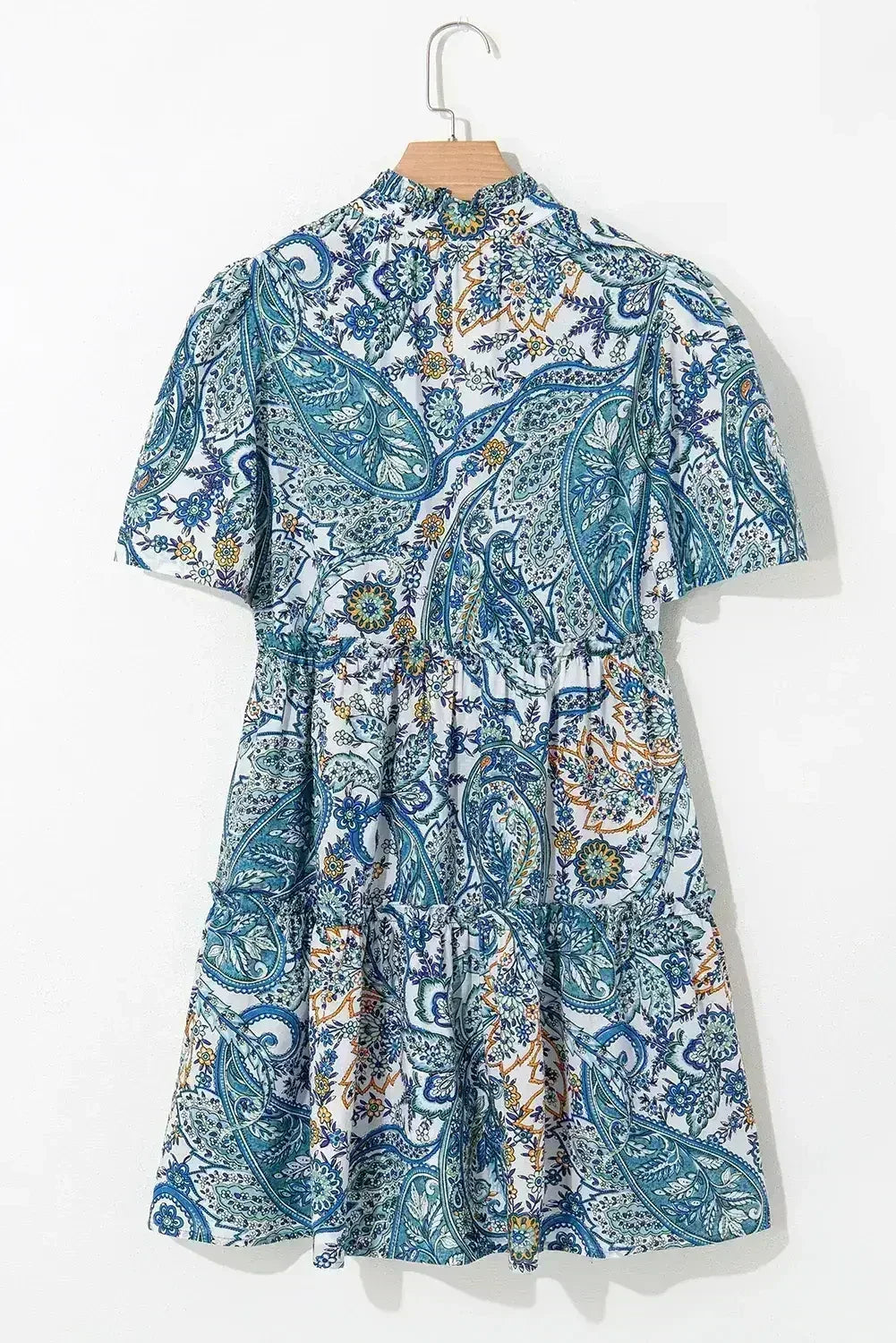 Blue Bohemian Paisley Floral V Neck Puff Sleeve Mini Dress