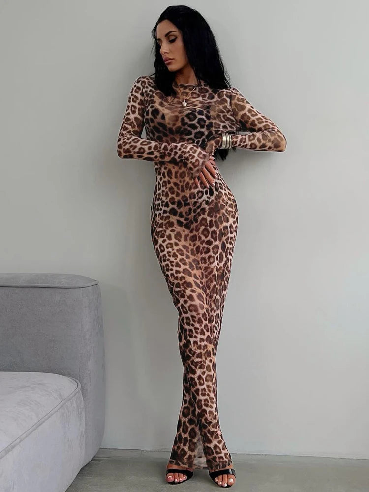 Hugcitar Leopard Print Mesh Long Sleeve Sexy Slim  See Through Maxi Dress Fall Women Fashion Outfits Beach Vacation Club