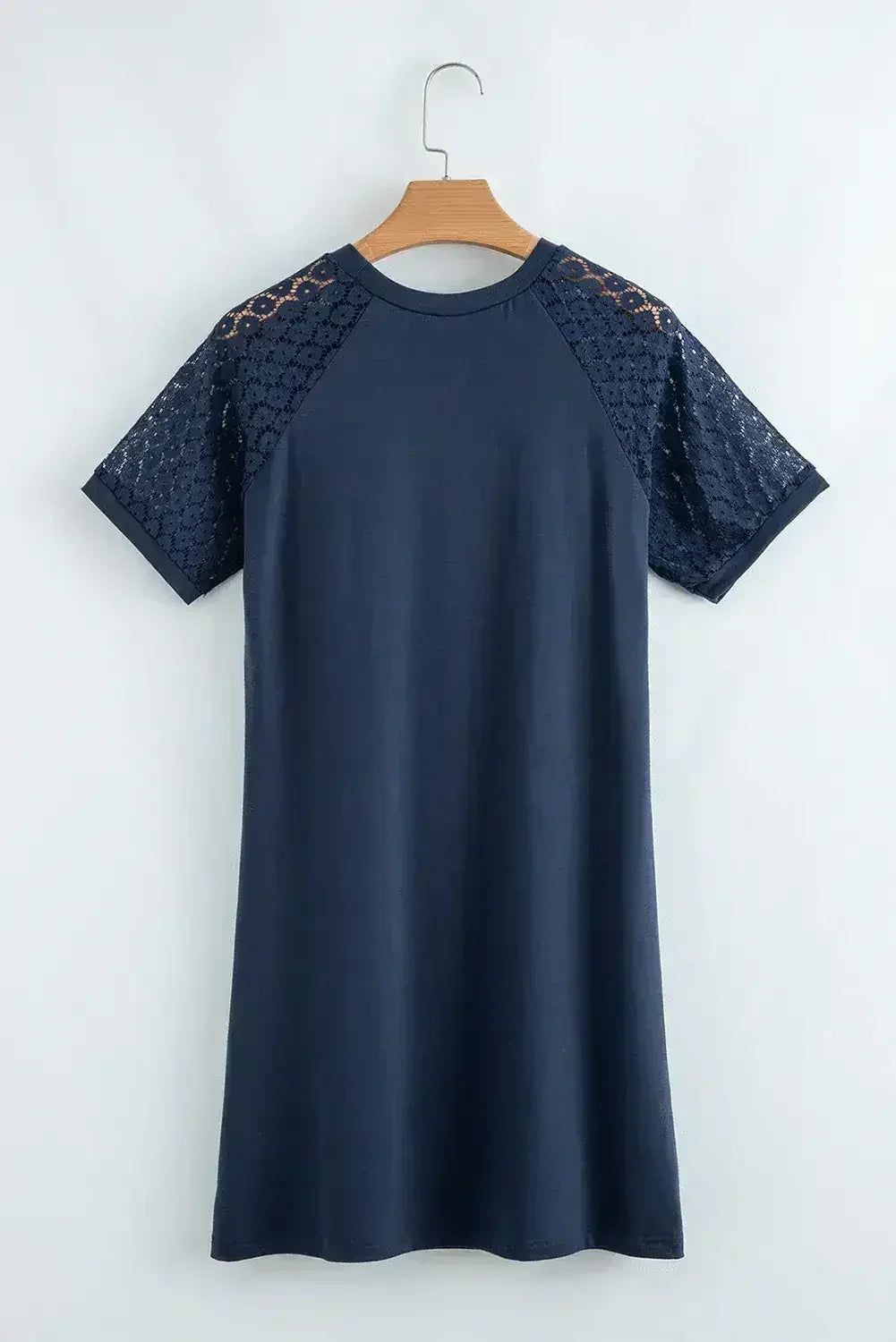 Navy Blue Contrast Lace Raglan Sleeve Pleated Mini Dress