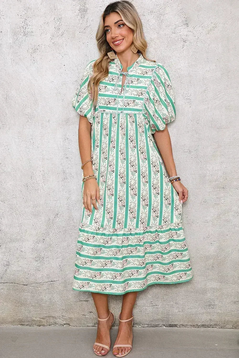 Multicolor Boho Floral Striped Tie V Neck Long Dress