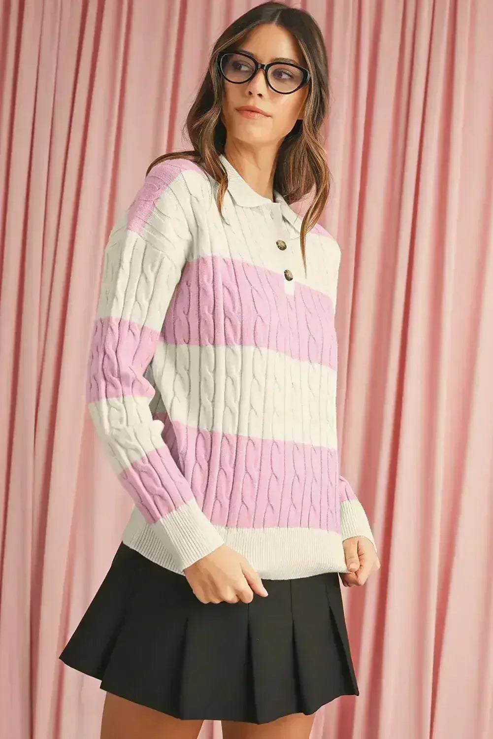Pink Colorblock Button Collar Twisted Cable Knit Sweater