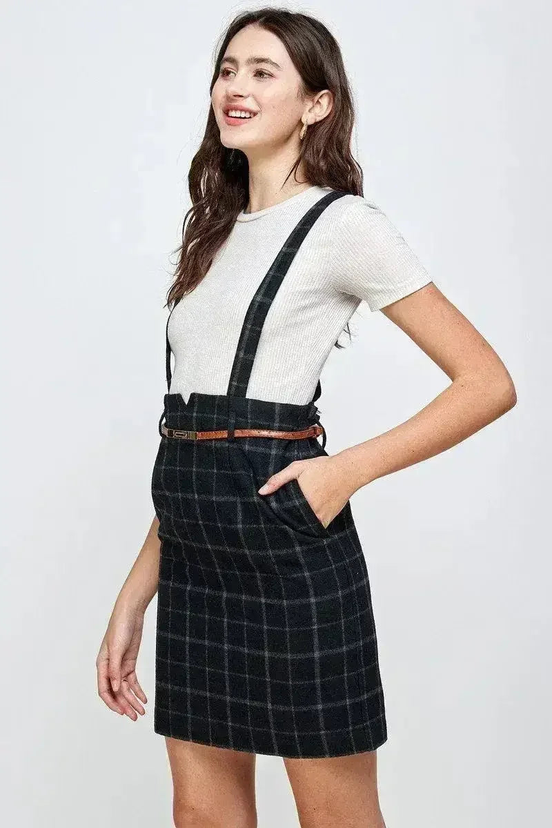 Plaid Suspender Skirt - High Waisted with Belt | Femstylo