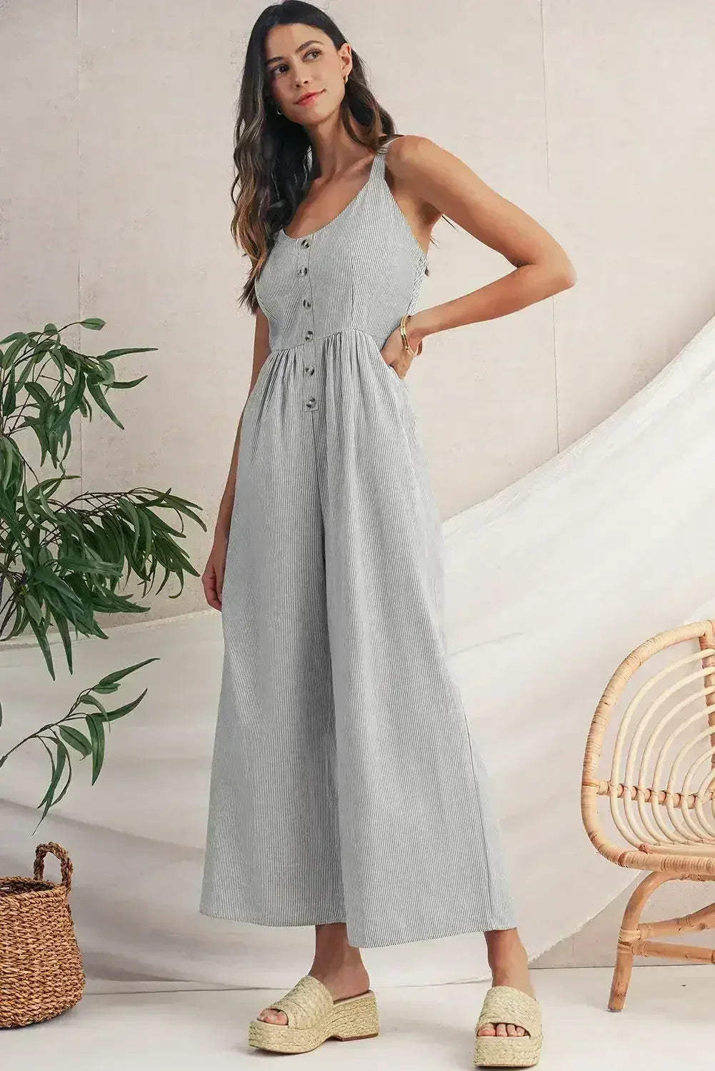 Black Stripe Half Buttoned Sleeveless Wide Leg Jumpsuit