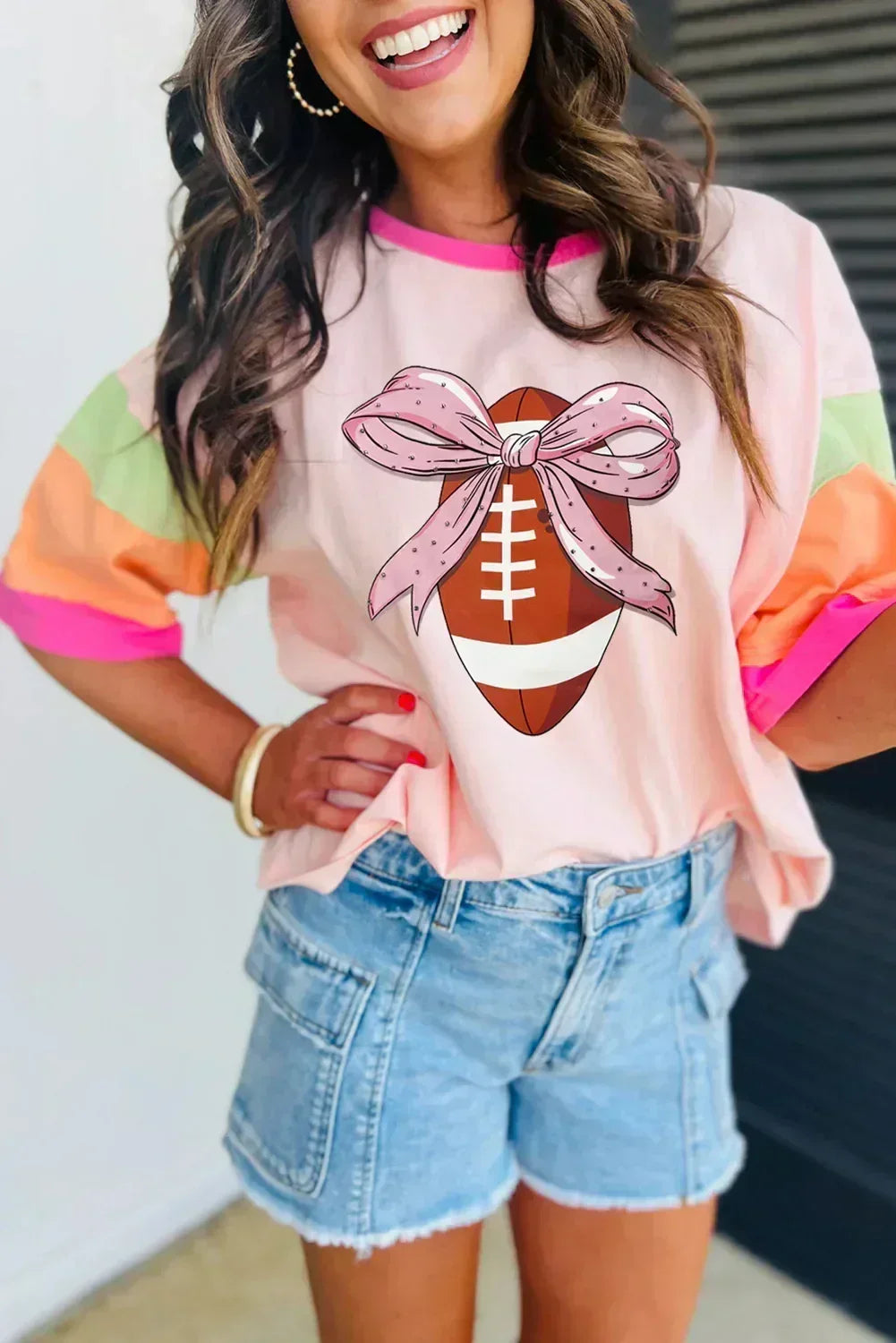 Pink Colorblock Sleeve Rhinestone Bow Football Print T Shirt