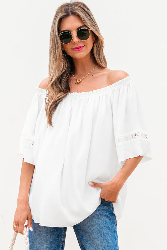 Bellamy Frilly Off Shoulder Lace Insert Sleeve Textured Blouse