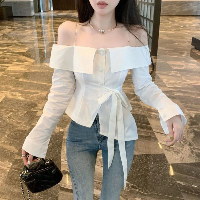 Elegant Slash Neck Shirts Women Streetwear Ruffles Bandage White Blouses Korean Fashion Chain Long Sleeve Design Slim Tops New