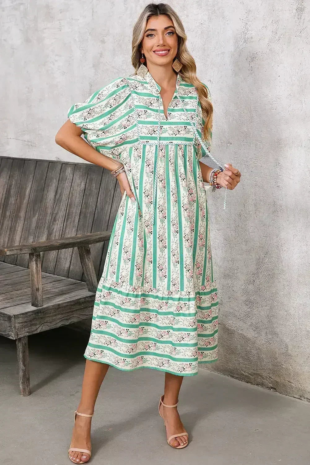 Multicolor Boho Floral Striped Tie V Neck Long Dress
