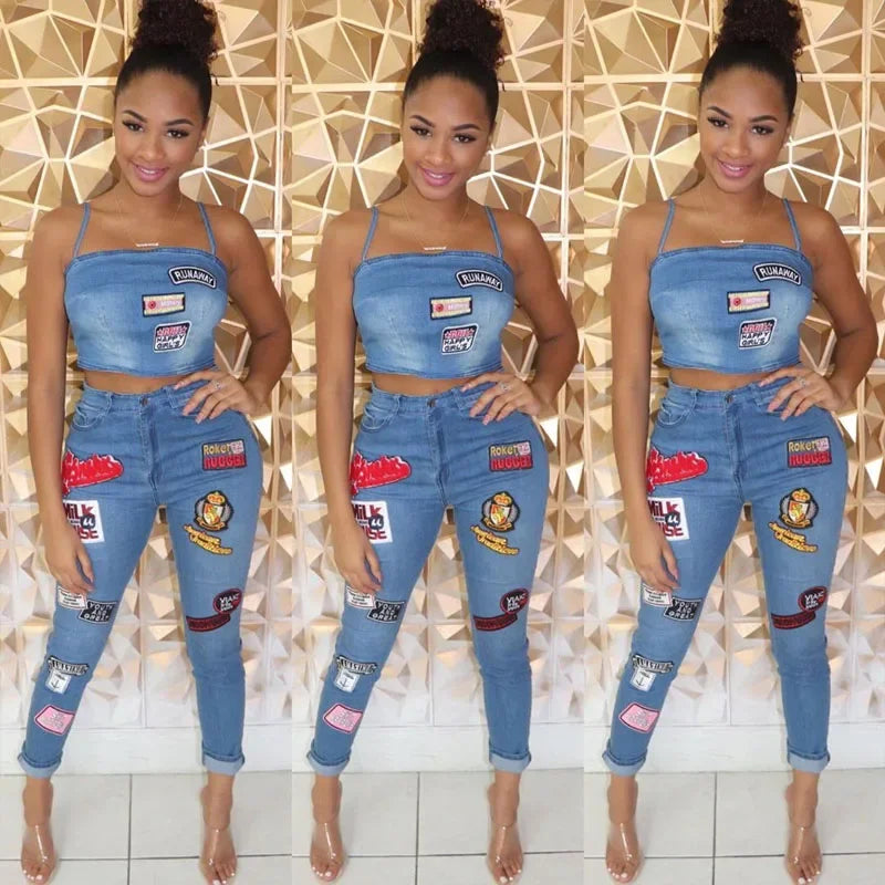 Summer Jeans Outfits 2024 Women Clothes Sets 2 Piece Birthday Party Club Sexy Crop Top and Pants Denim Two Piece Mathcing Set