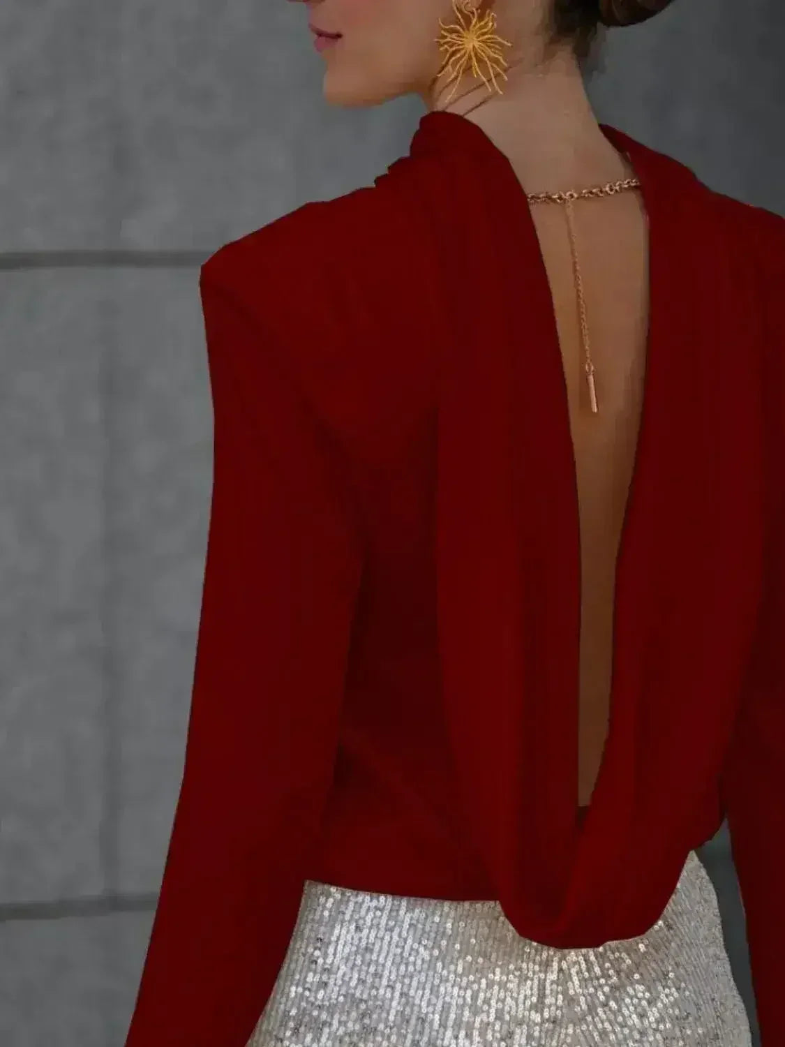 Backless Cowl Neck Long Sleeve Blouse – Elegant & Stylish | Femstylo