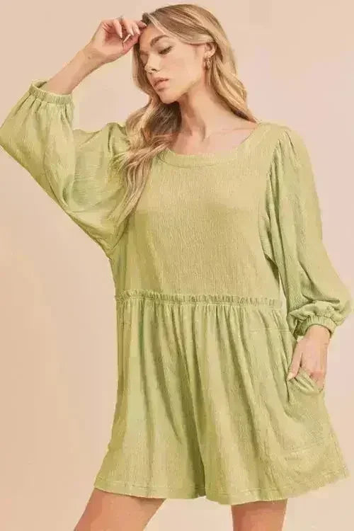 Aemi + Co Frill Round Neck Long Sleeve Romper with Pockets