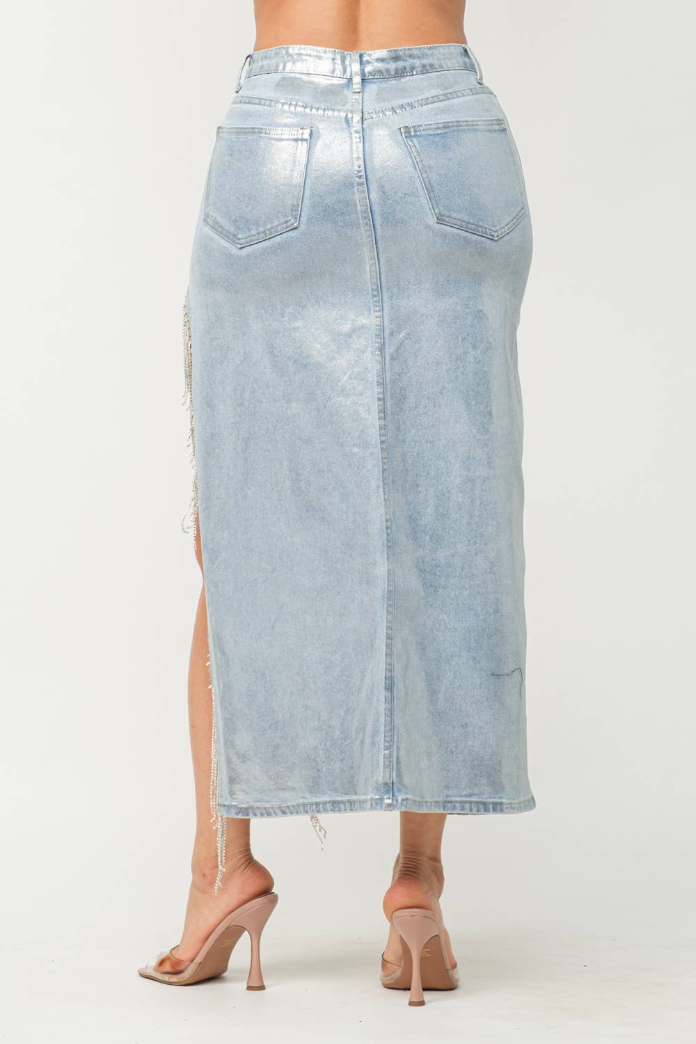 DEMI LUXE Denim Metallic Foil Side Slit Rhinestone Fringe Maxi Skirt