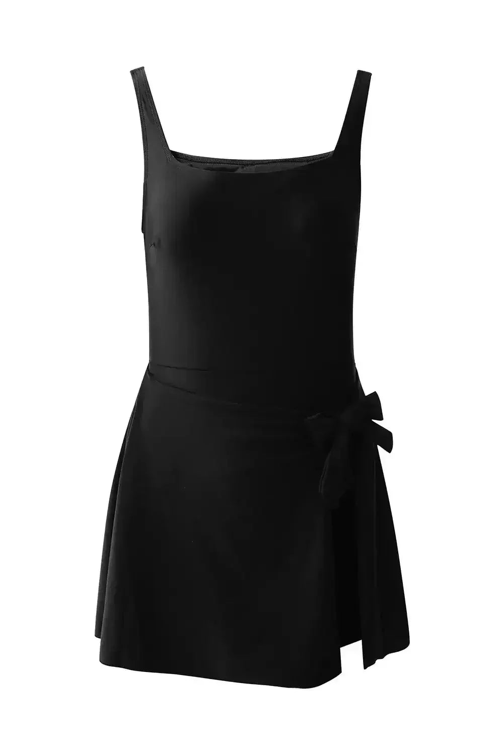 Black Side Tied Waist Square Neck Adjustable Straps A Line One Piece Swim Dress