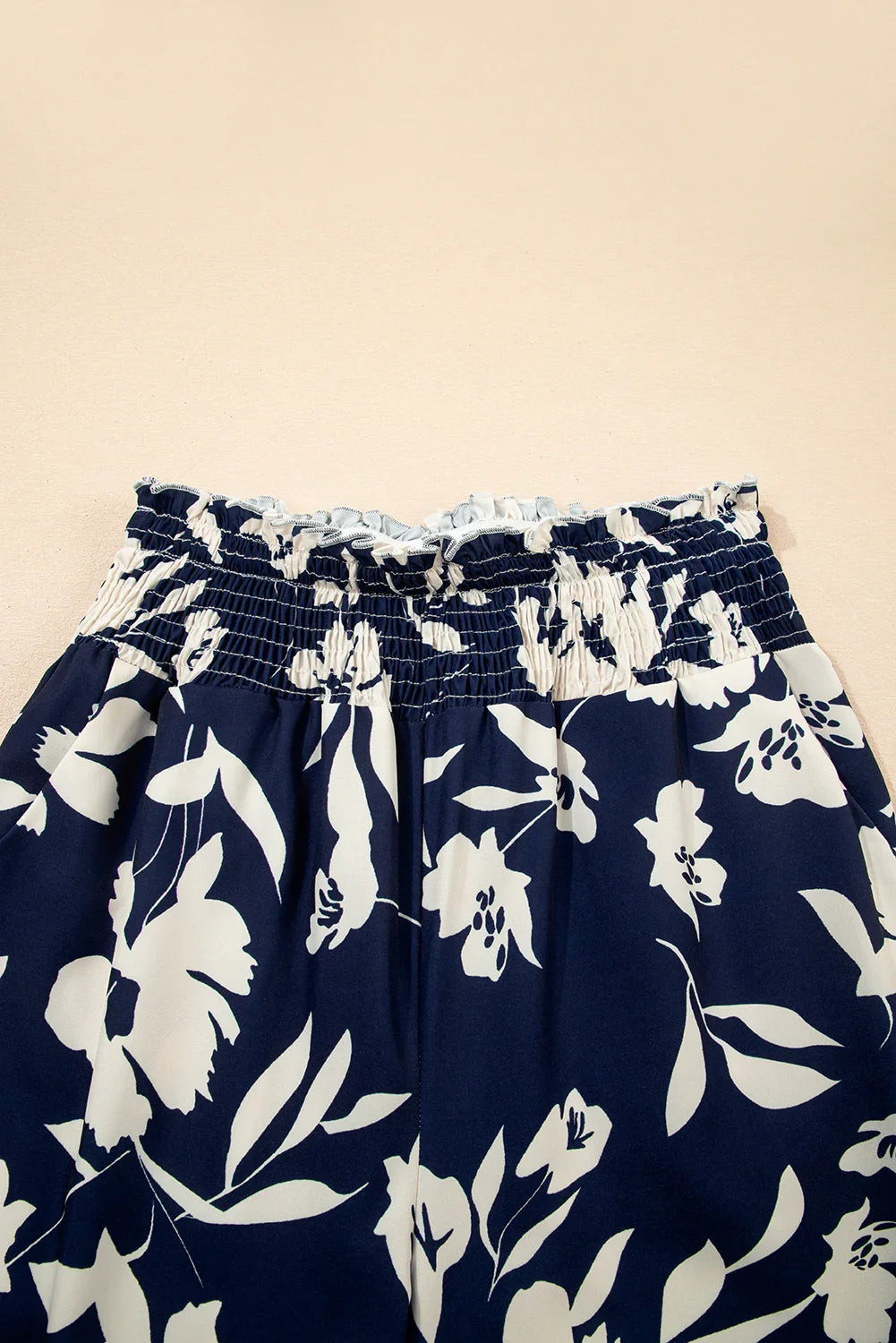 Blue Floral Smocked Frill Waist Wide Leg Pants