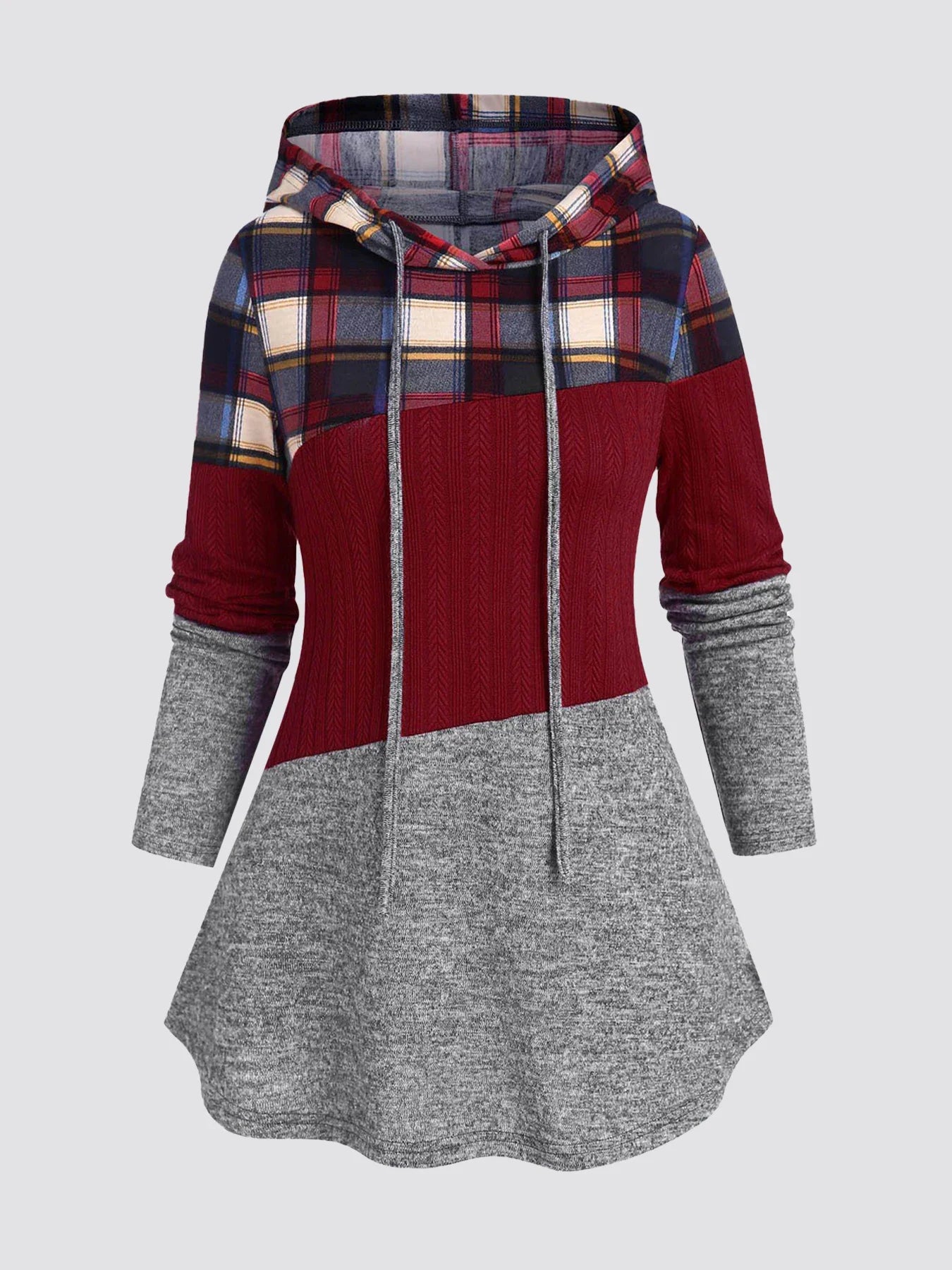 Plus Size Womens Suit Hooded Sweatshirts Colorblock Plaid Print Hoodie Drawstring Textured Tops Imitation Denim Pants Set L-5XL