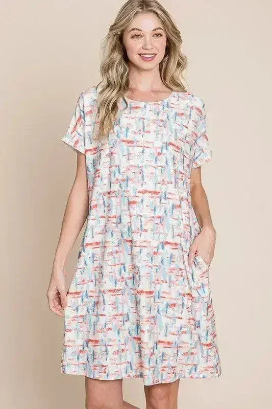 BOMBOM Printed Tee Dress - Casual Short Sleeve | Femstylo
