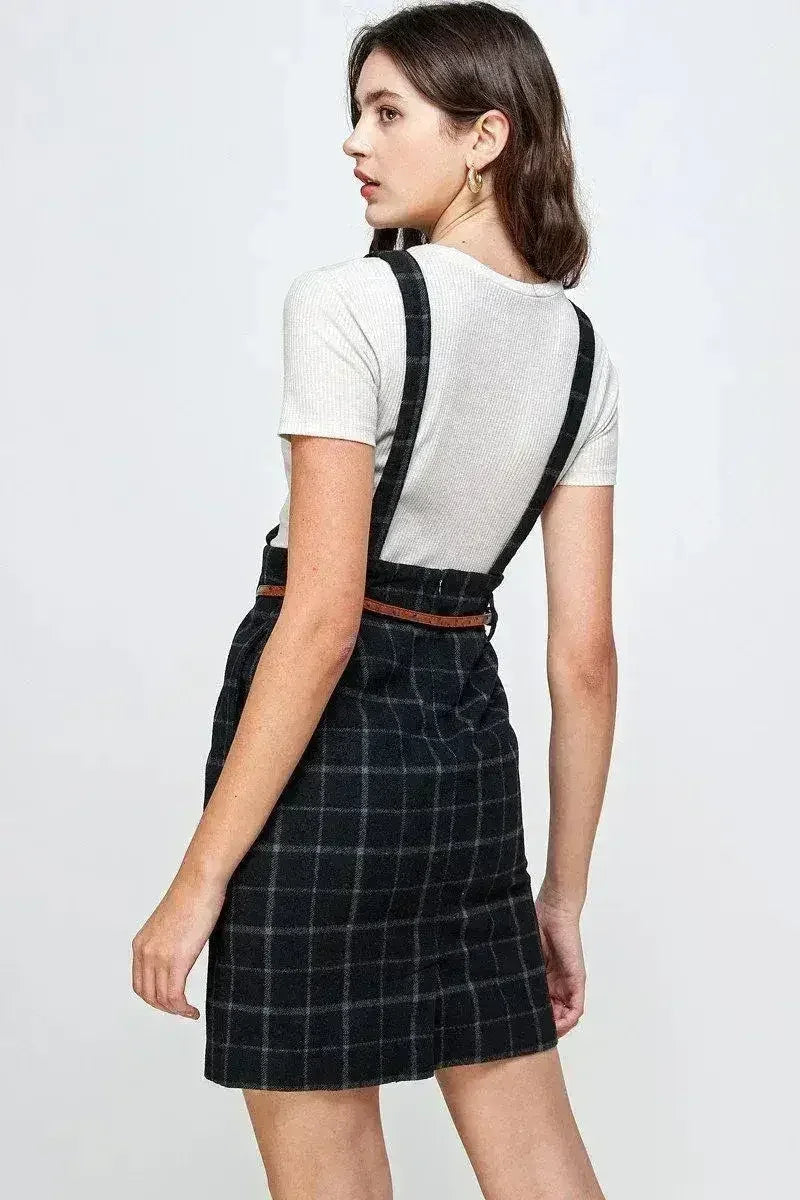 Plaid Suspender Skirt - High Waisted with Belt | Femstylo