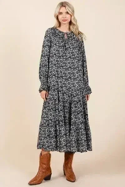 Mittoshop Printed Tie Neck Flounce Sleeve Midi Dress