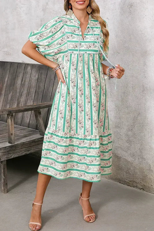 Multicolor Boho Floral Striped Tie V Neck Long Dress