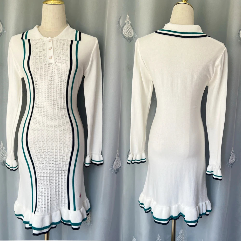 YuooMuoo Chic Mode Sexy Paquet Hanches Mini Robe Tricotée Été 2025 Vintage Col Rabattu Robe De Soirée À Volants Streetwear