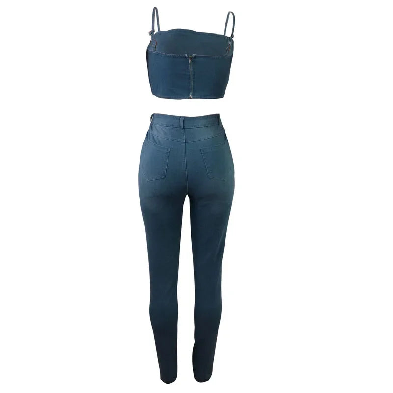 Summer Jeans Outfits 2024 Women Clothes Sets 2 Piece Birthday Party Club Sexy Crop Top and Pants Denim Two Piece Mathcing Set