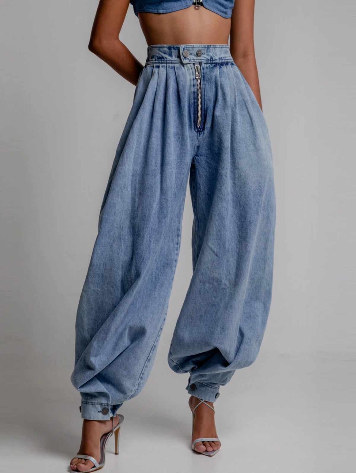 Women Spring High Waist Zipper Denim Loose Harem Trousers Jeans Female Vintage Balloon Pants Ladies Casual Denim Pants
