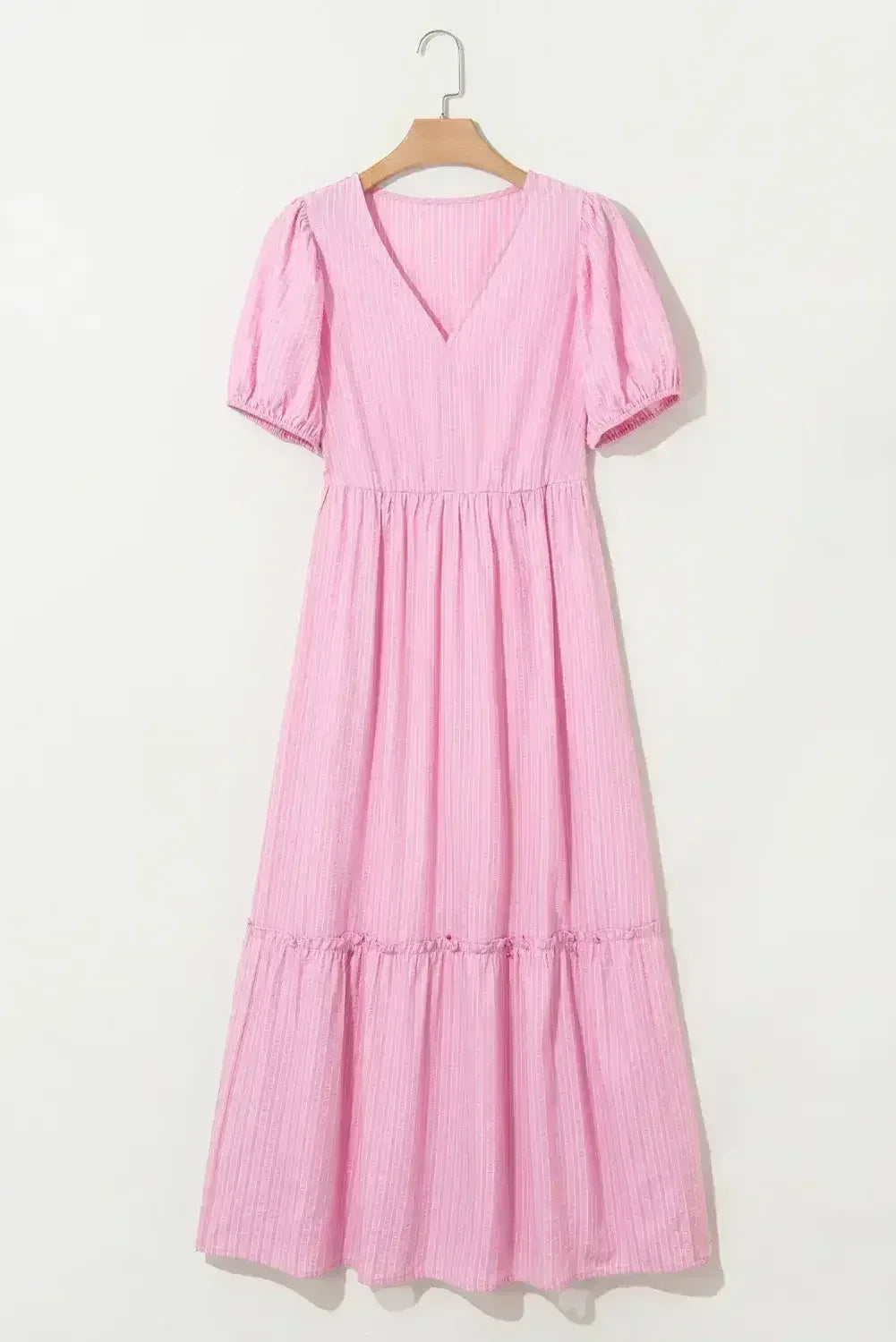 Pink Striped V Neck Puff Sleeve Frill Tiered Maxi Dress