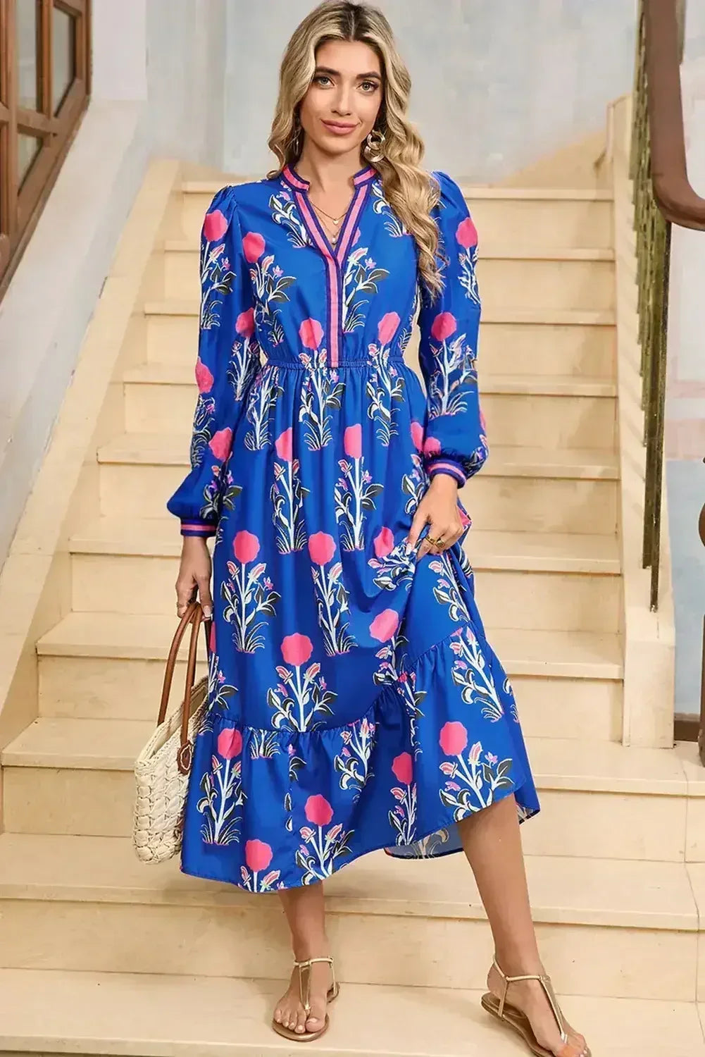 Blue Floral Print Pop of Color Neckline Long Sleeve Midi Dress