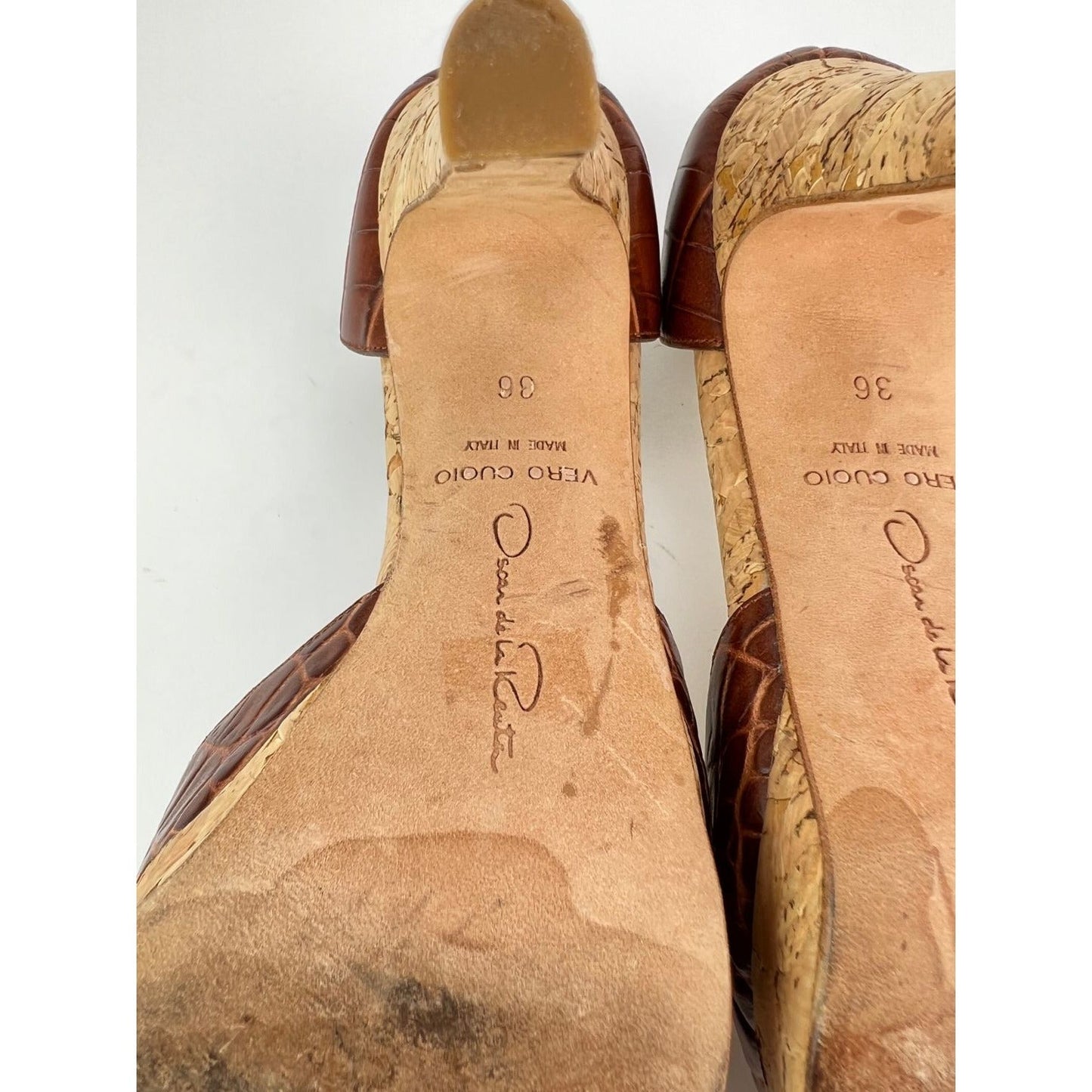 Oscar de la Renta Peep Toe Crocodile Cork Heel Shoe