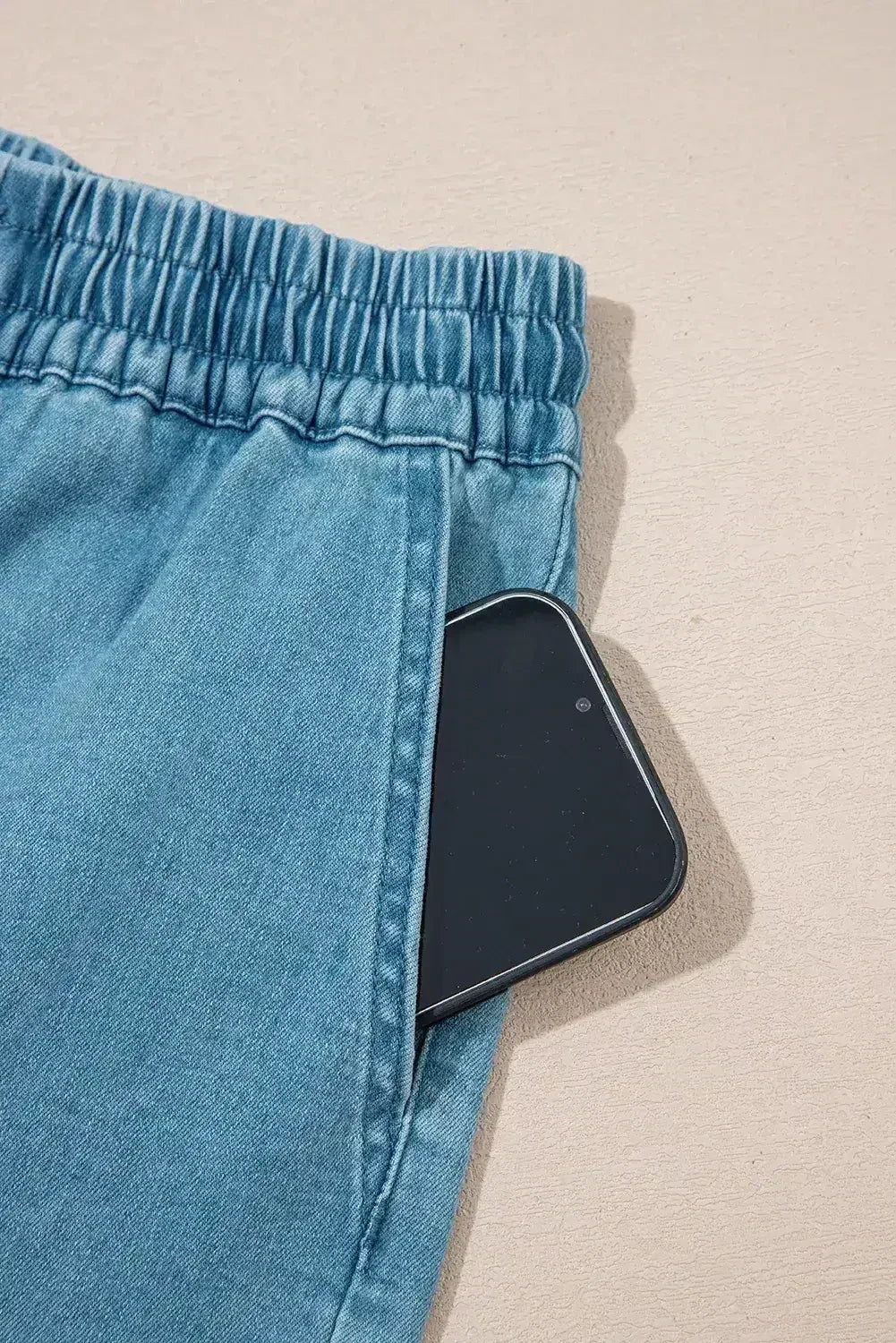 Beau Blue Drawstring Elastic Waist Denim Shorts