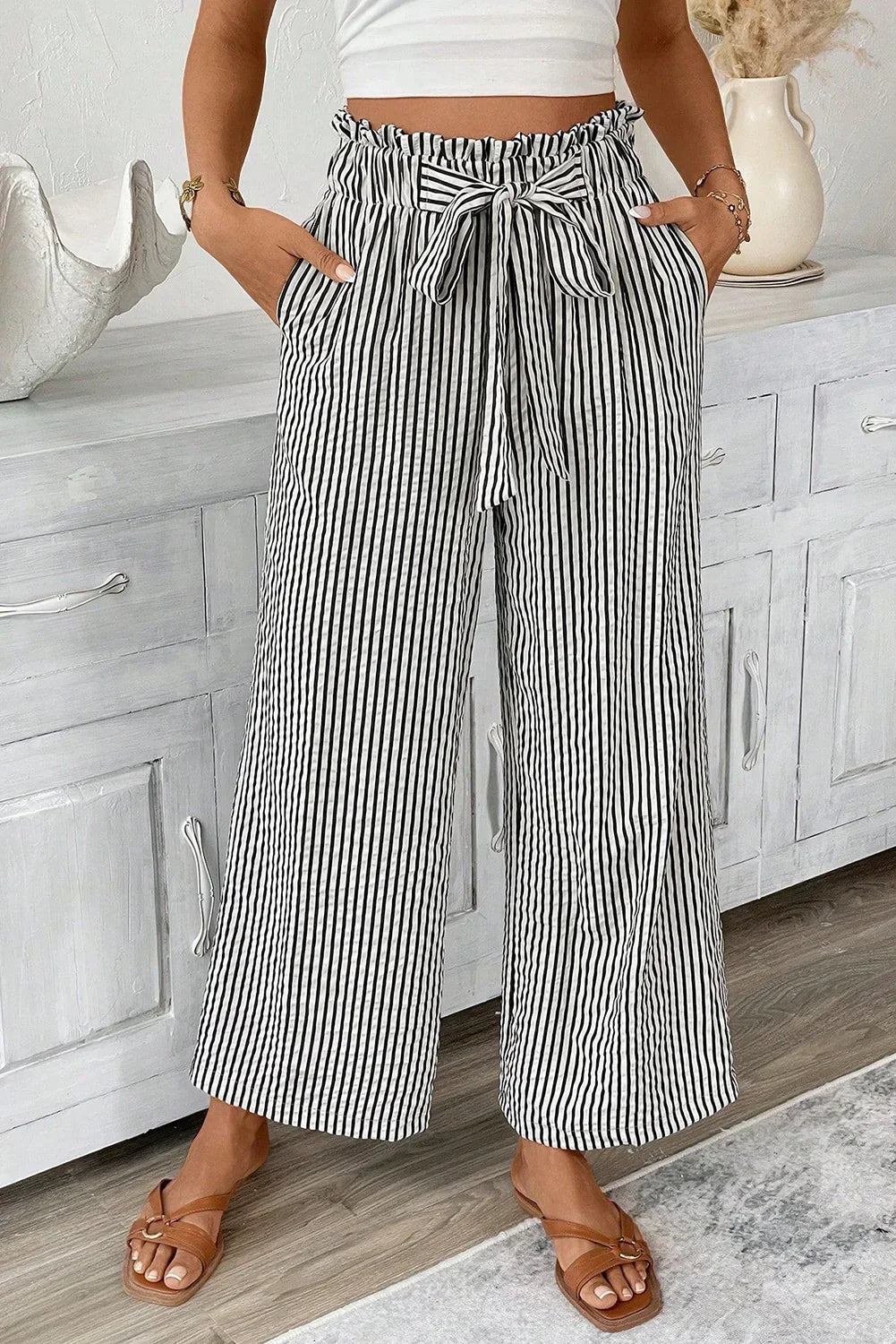 Black Striped Frill Knot Waist Decor Pants