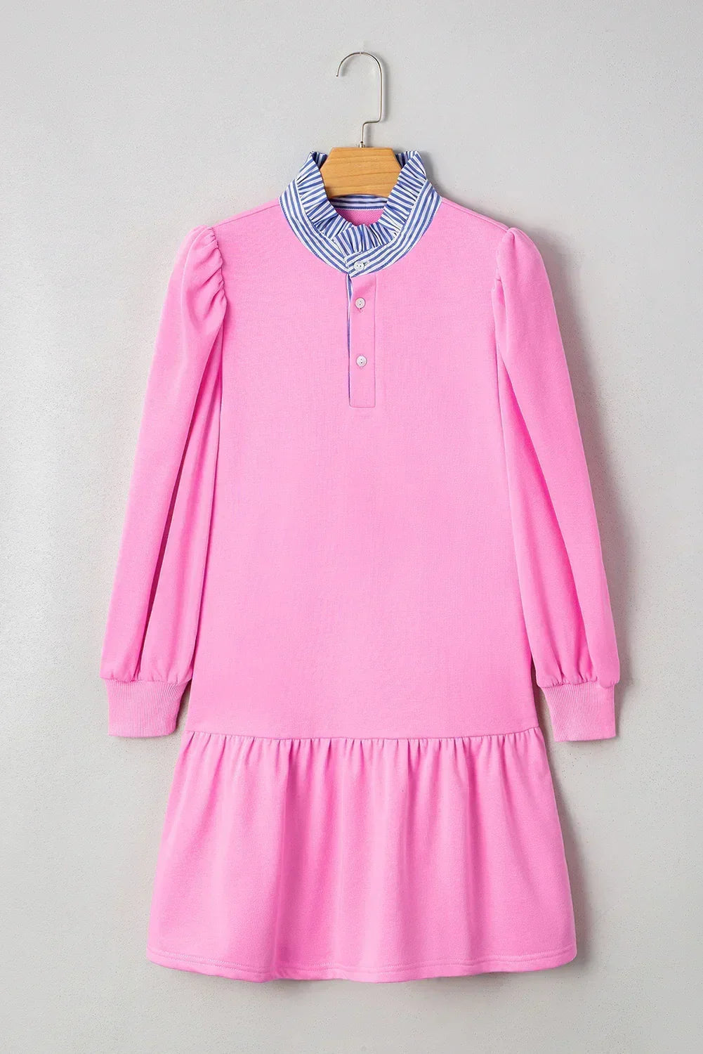 Pink Striped Collar Long Sleeve Ruffle Hem Dress