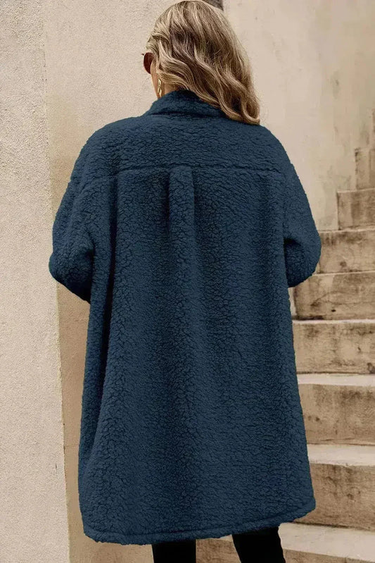 Blue Teddy Coat – Contrast Flap Pockets & Single Breasted