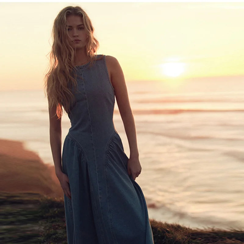 Casual Round Neck Lace Up Backless Denim Dress Sleeveless High Waist Loose Zipper Robe Summer High Street Sexy Solid Clothing