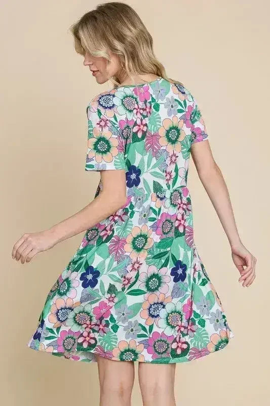 BOMBOM Ruched Floral V-Neck Short Sleeve Dress