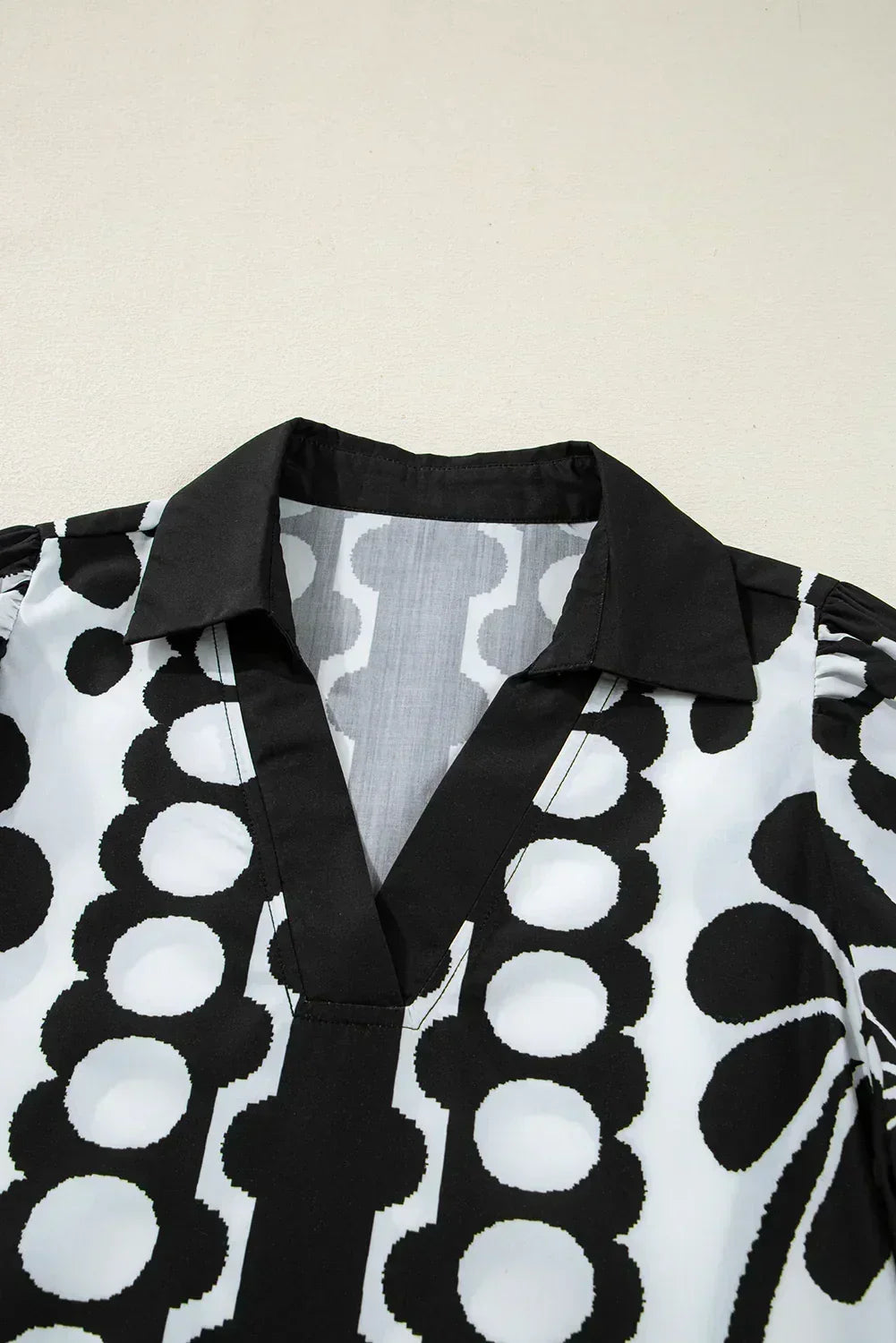 Black Abstract Print V Neck Puff Sleeve Mini Dress