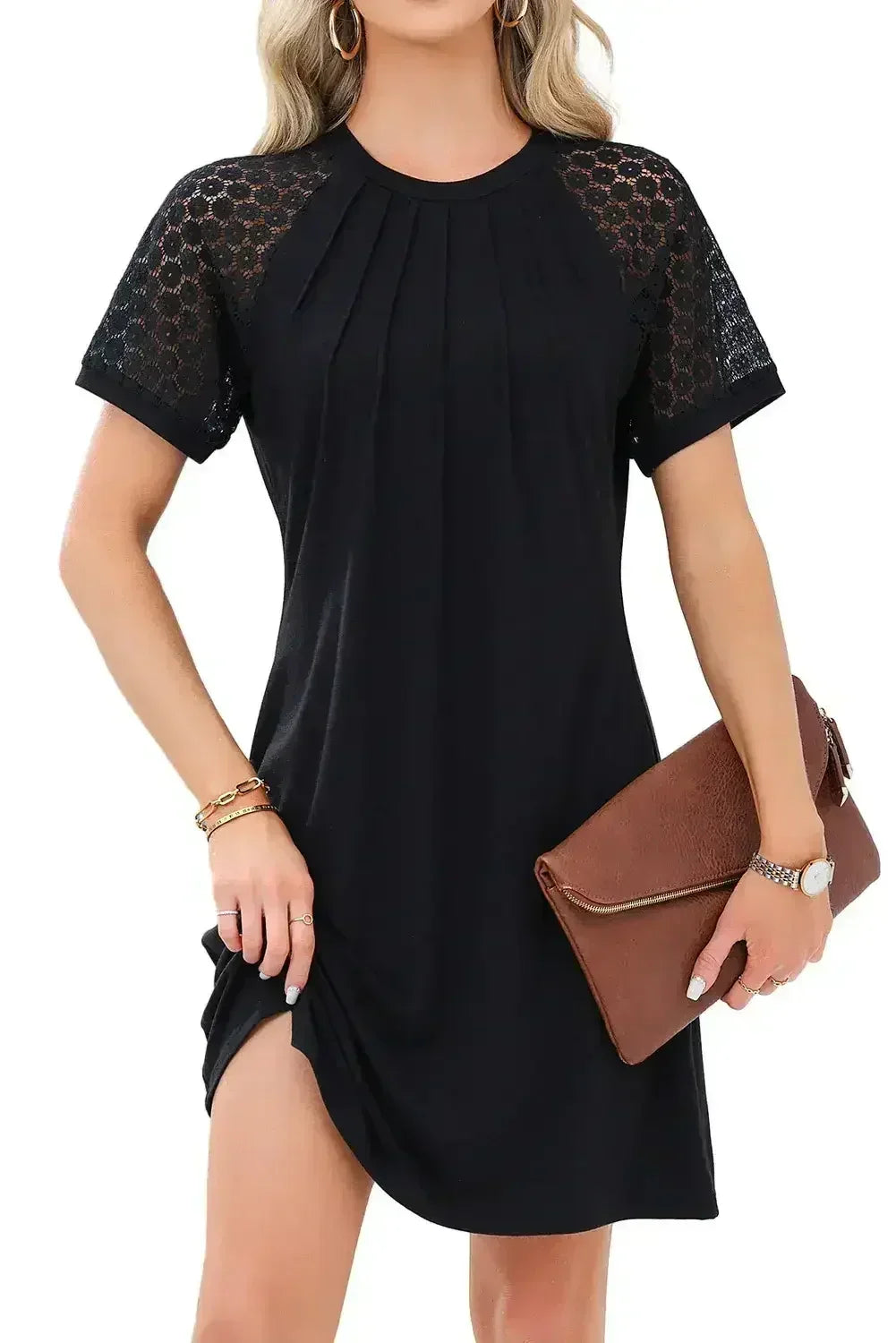 Navy Blue Contrast Lace Raglan Sleeve Pleated Mini Dress