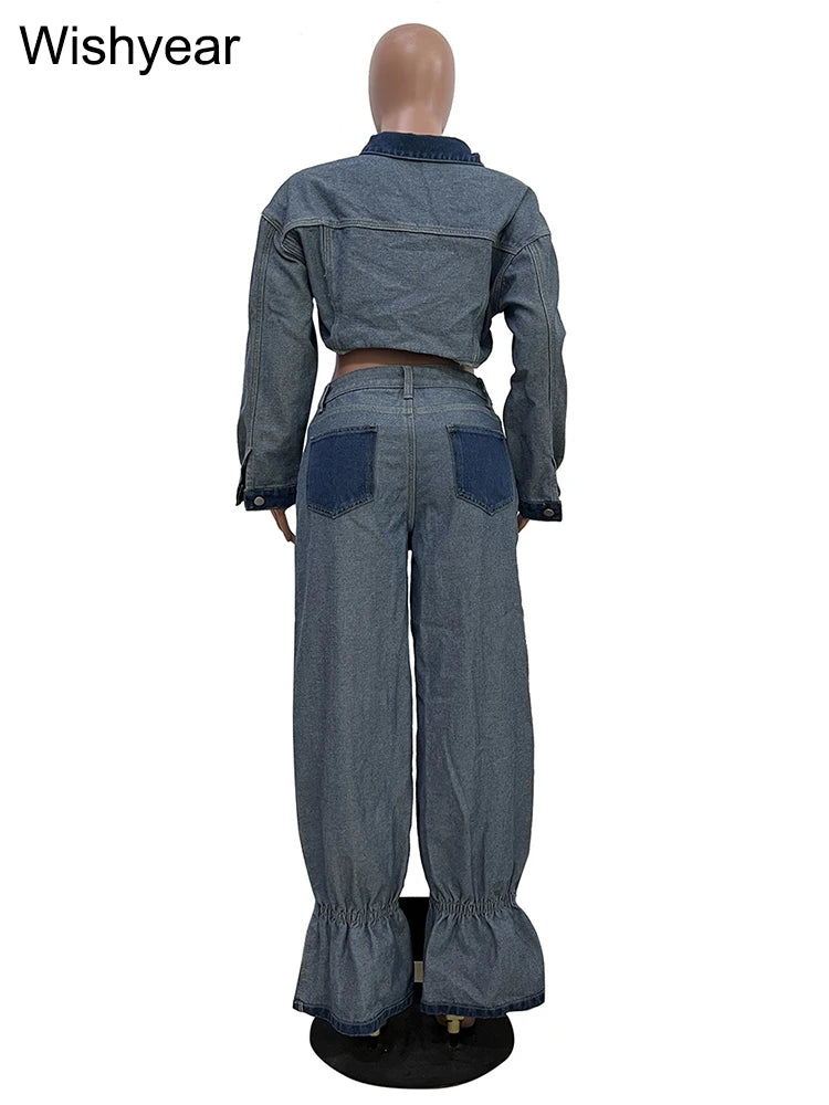 Streetwear Blue Patchwork Denim Two 2 Piece Pants Set Women Sales Long Sleeve Crop Tops and Flare Jeans Loose Matching Outfits