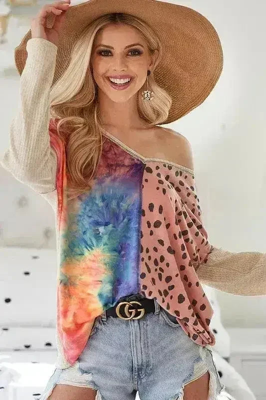 BiBi Print Block V Neck Top with Contrast Stitching