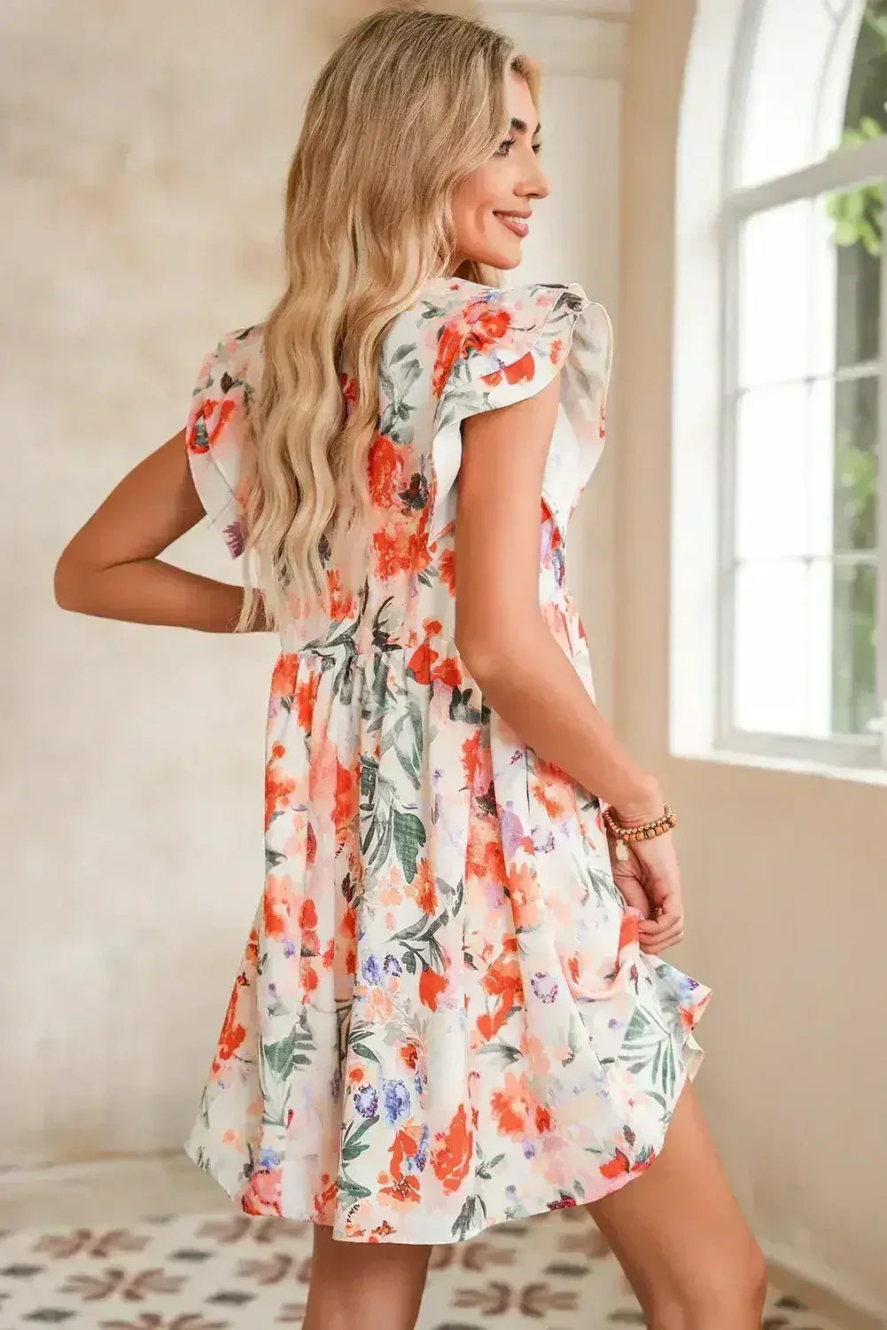 Pink Floral Ruffle Sleeve V Neck High Waist Mini Dress