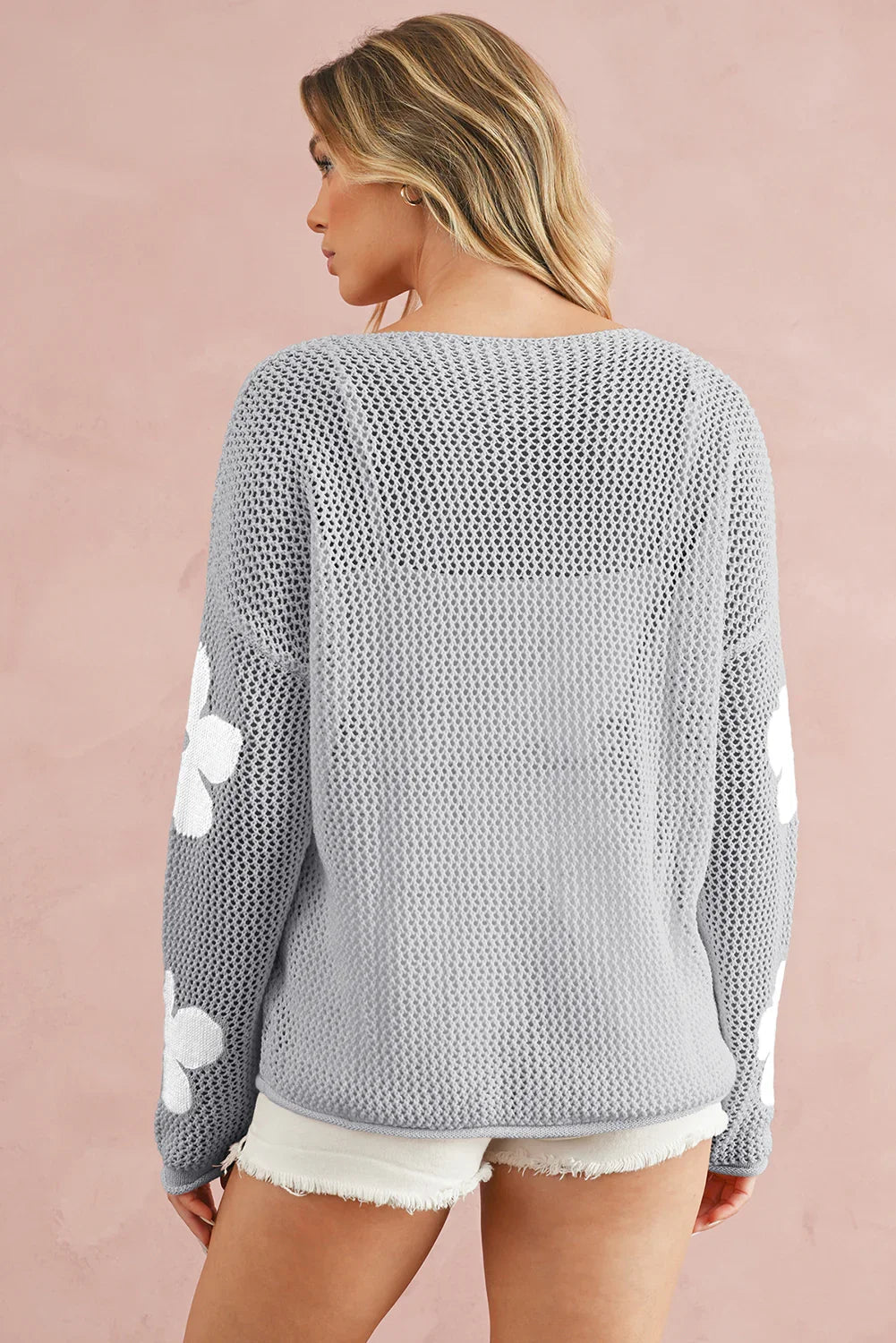 60s Flower Drop Shoulder Hollow Knit Top Light Grey -Femstylo