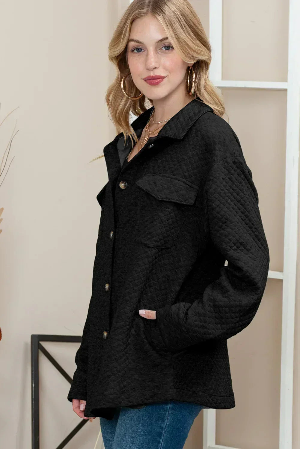 Black Lattice Texture Retro Quilted Shacket – Femstylo