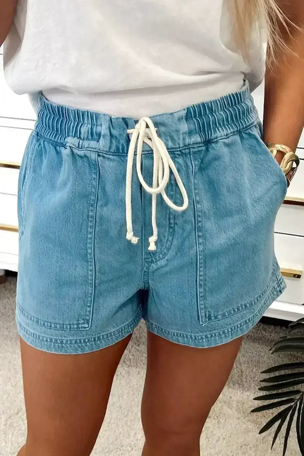 Beau Blue Drawstring Elastic Waist Denim Shorts
