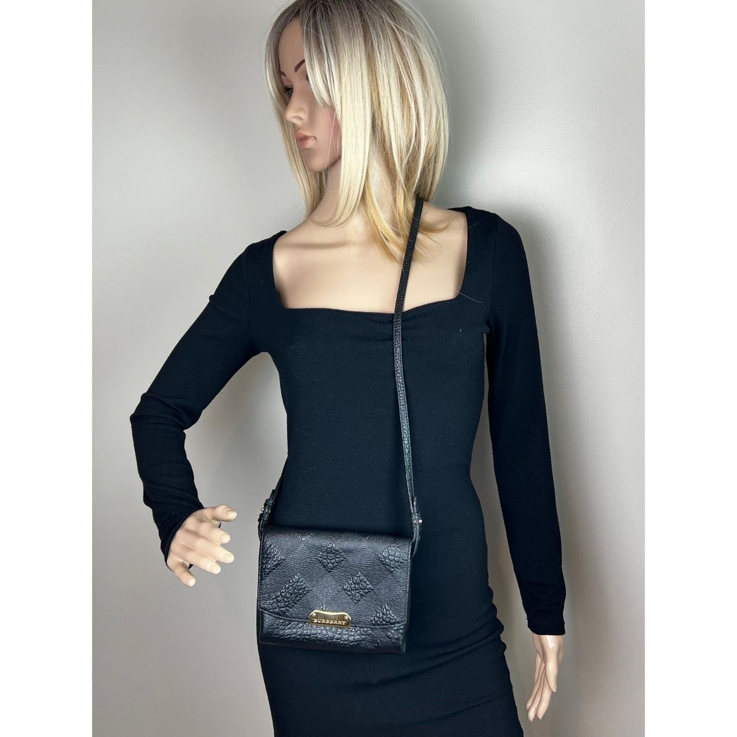 Burberry Signature Grain Leather Check Embossed Langley Black Crossbody