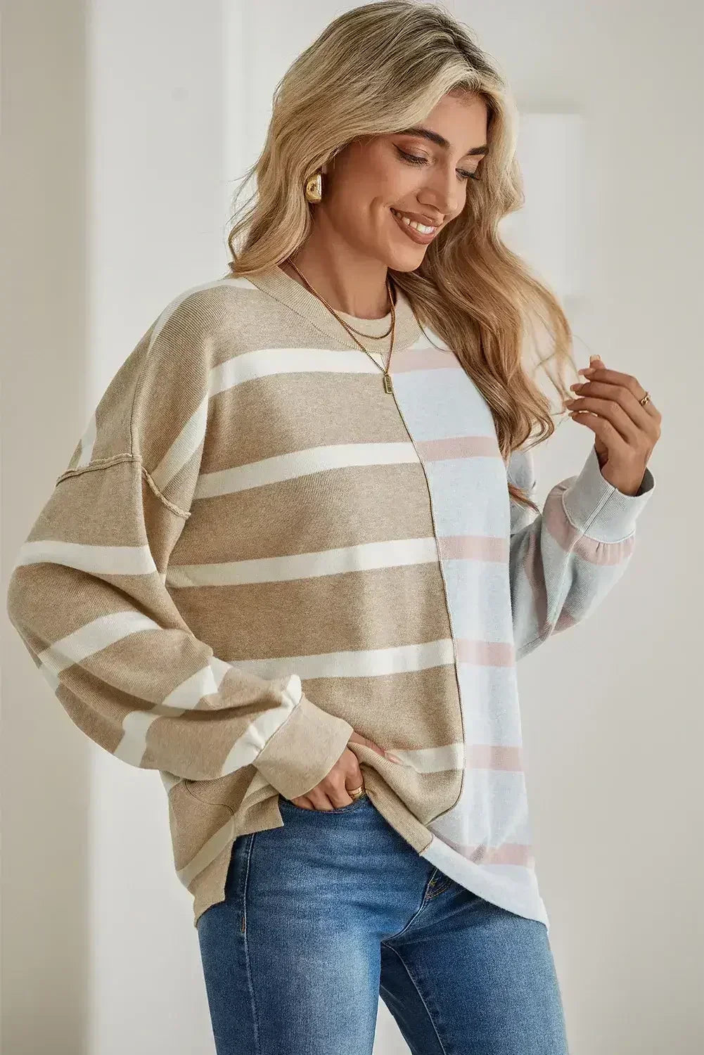 Pink Striped Patchwork Drop Shoulder Sweater