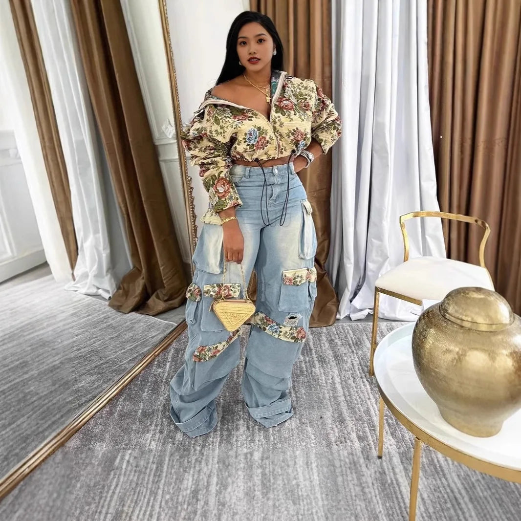 Women Tracksuit Pant Sets Zipper Cardigan Tops Print Zipper Fly Straight Ankle Length Denim Pants Jean Loose Matching Sets Y2k