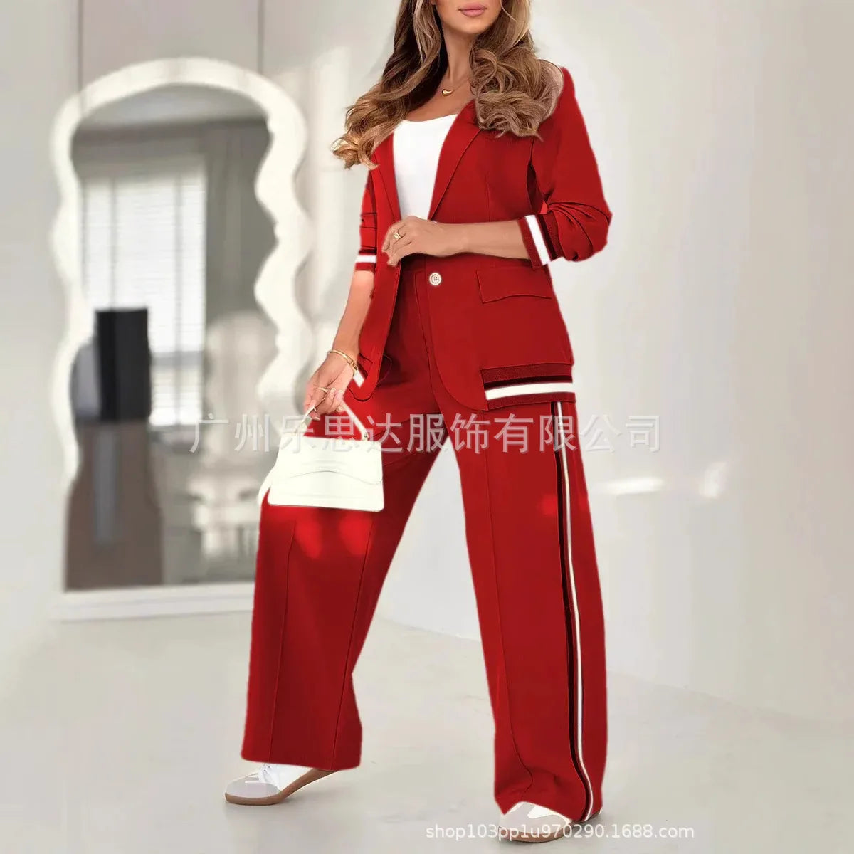 Women Suit Jacket 2 Piece Sets Striped Blazer Coat Turn Down Collar Single Breasted Wide Leg Pants Ensemble Office Lady Outfits