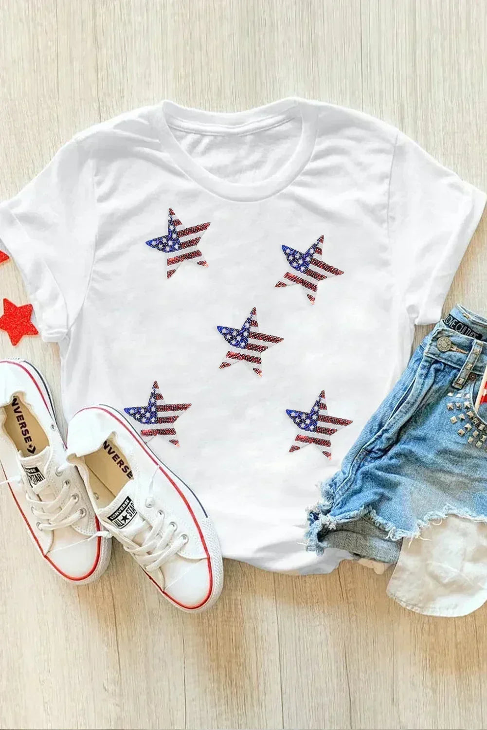 Black Sequined American Flag Star Graphic T Shirt