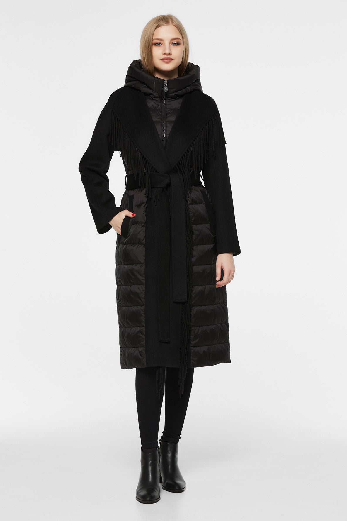 Manteau Kennedy en mélange de laine et duvet de luxe à franges, noir